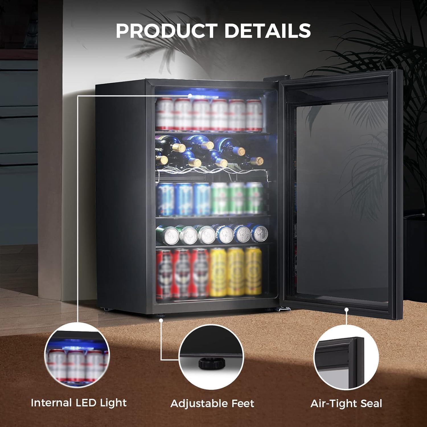 Kismile 4.5 Cu.ft Beverage Refrigerator and Cooler,145 Can Mini Fridge Glass Door with Digital Temperature Display for Soda,Beer or Wine,small Drink Dispenser Cooler for Home,Office or Bar (Black)