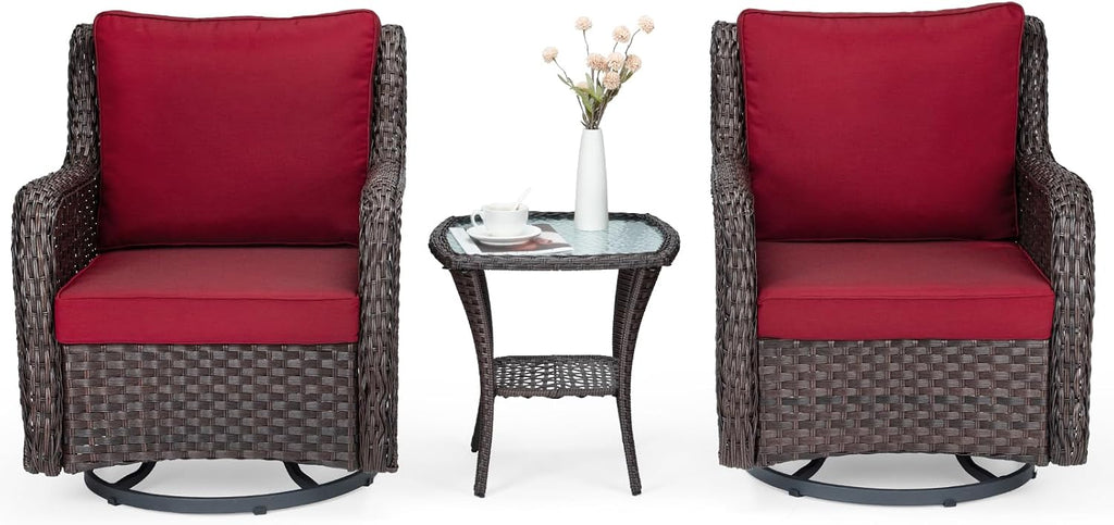 GarveeLife 3 Pieces Outdoor Swivel Chair Set, Upgraded Encrypted Rattan Wicker Swivel Rocker Patio Chairs, Thick Cushion and Side Table for Balcony, Porch, Backyard, Garden, Red
