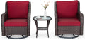 GarveeLife 3 Pieces Outdoor Swivel Chair Set, Upgraded Encrypted Rattan Wicker Swivel Rocker Patio Chairs, Thick Cushion and Side Table for Balcony, Porch, Backyard, Garden, Red
