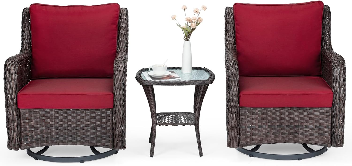 GarveeLife 3 Pieces Outdoor Swivel Chair Set, Upgraded Encrypted Rattan Wicker Swivel Rocker Patio Chairs, Thick Cushion and Side Table for Balcony, Porch, Backyard, Garden, Red