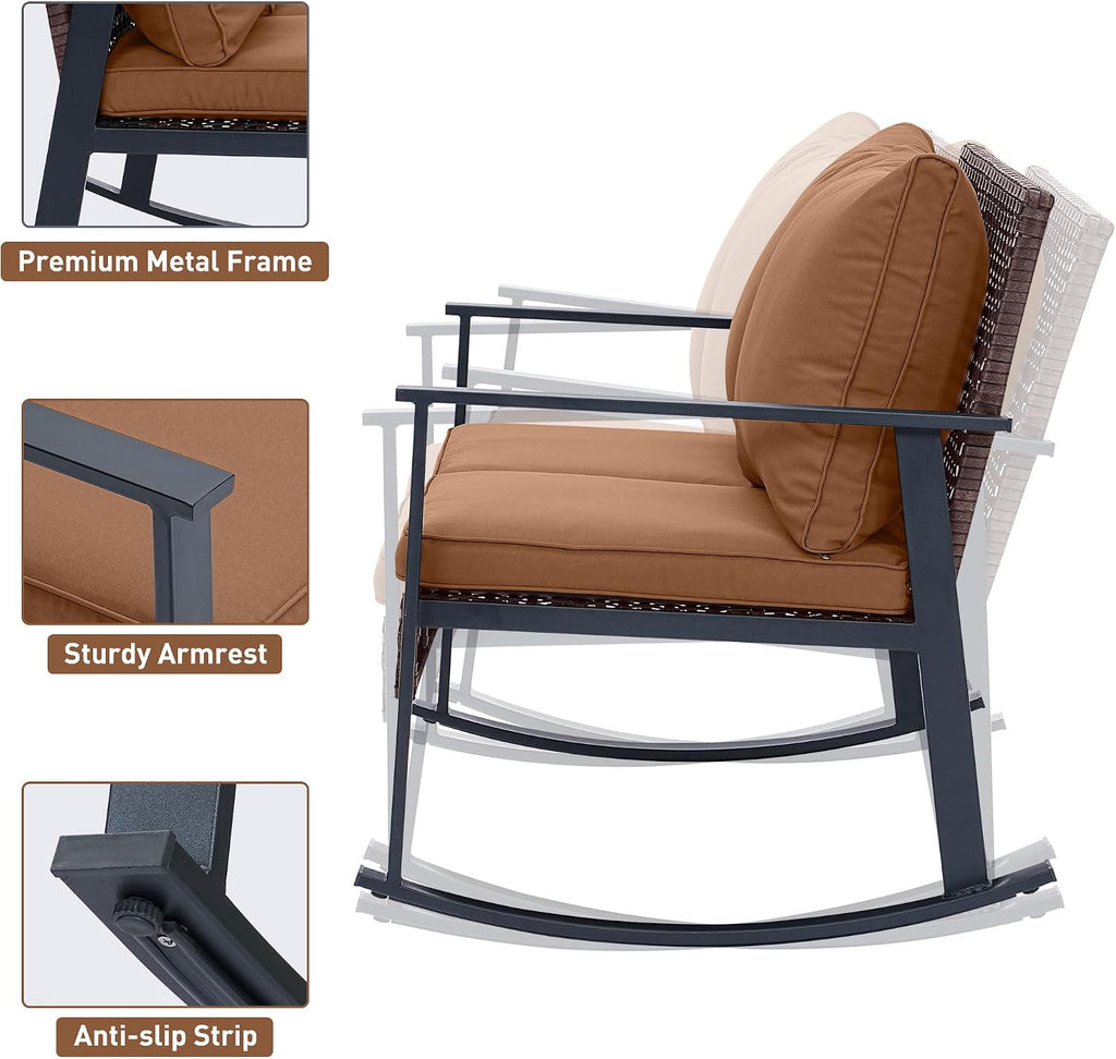 GDY Outdoor Wicker Loveseat Rocking Chair, Patio Outdoor Furniture Conversation Sets, Rattan Rocker Chair with Cushions, Modern Cozy Rocking Wicker Furniture for Garden, Porch, Poolside & Deck, Brown.