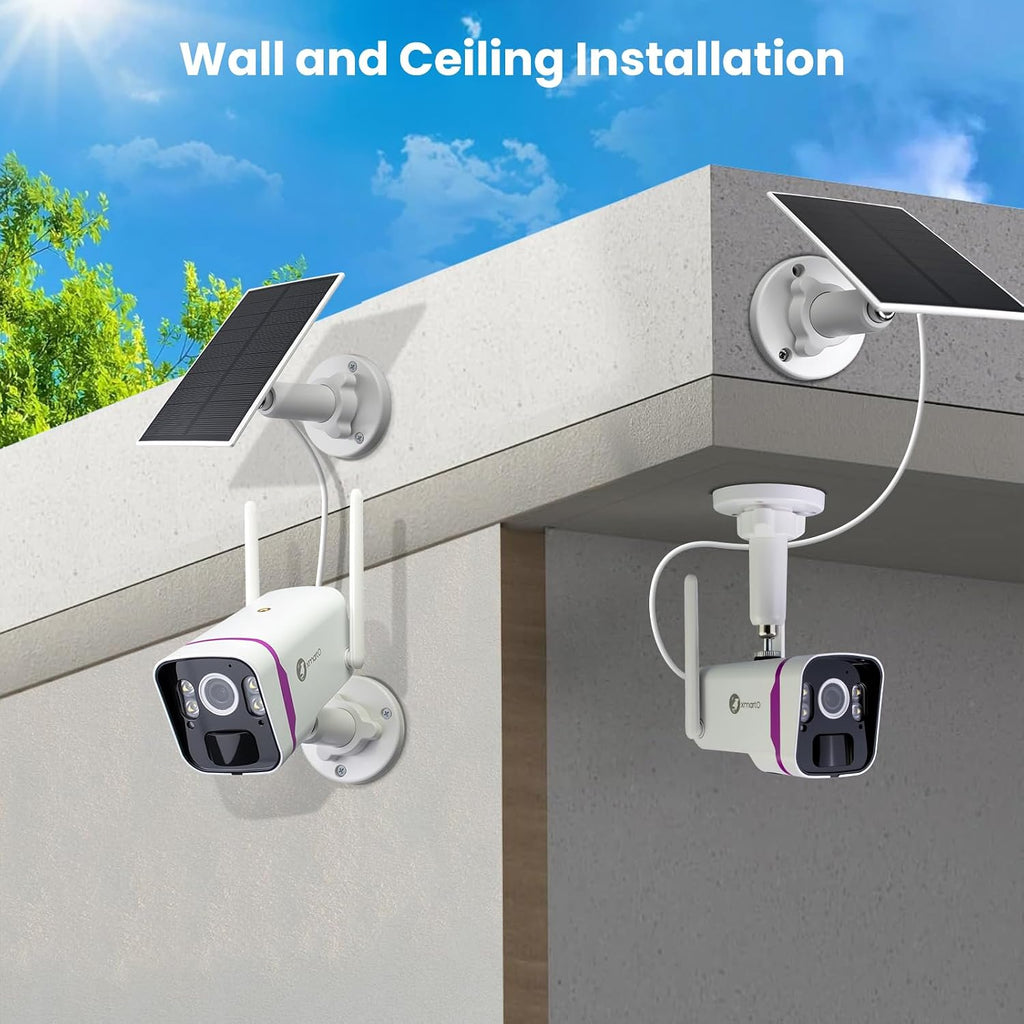 xmartO Wireless Solar Security Camera System, 10CH 4K Expandable WiFi6 NVR+4*4MP 2K Outdoor Cams, All Weather Solar, 2-Way Audio, IR&Color NV, Long Range WiFi Mesh, Free 2-Years Video,No Monthly Fees