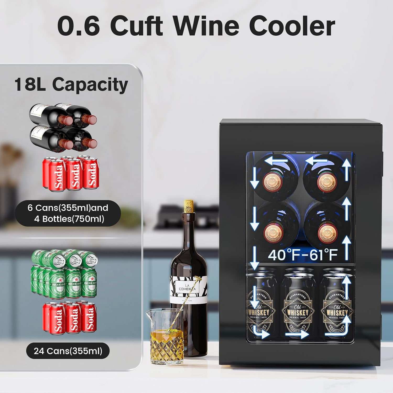 Electactic Wine Cooler Refrigerator with Glass Door, Mini Wine Fridge for Red, White and Champagne, Built-in Wine Cellar, 40-61F Digital Temperature Control, Indoor Use