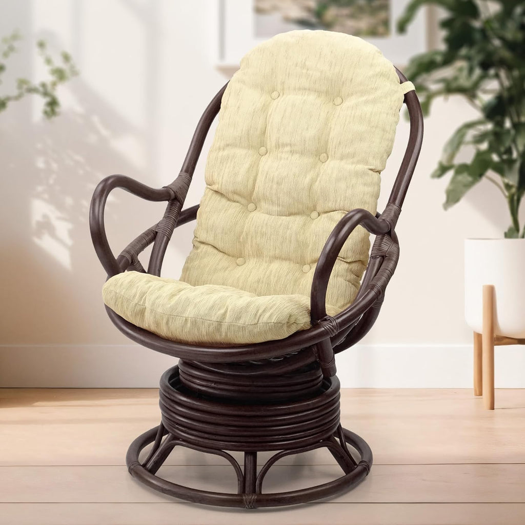 Java Lounge Swivel Rocking Chair with Cream Cushion Natural Rattan Wicker Handmade, Dark Brown Color
