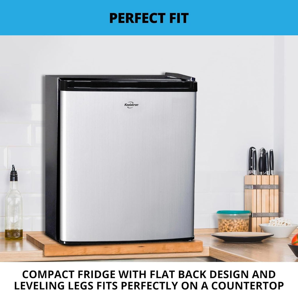Koolatron Stainless Steel Compact Fridge with Freezer, 1.7 Cubic Feet (48 L) Capacity, Silver and Black, for Snacks, Frozen Meals, Beverages, Juice, Beer, Den, Dorm, Office, Games Room, or RV