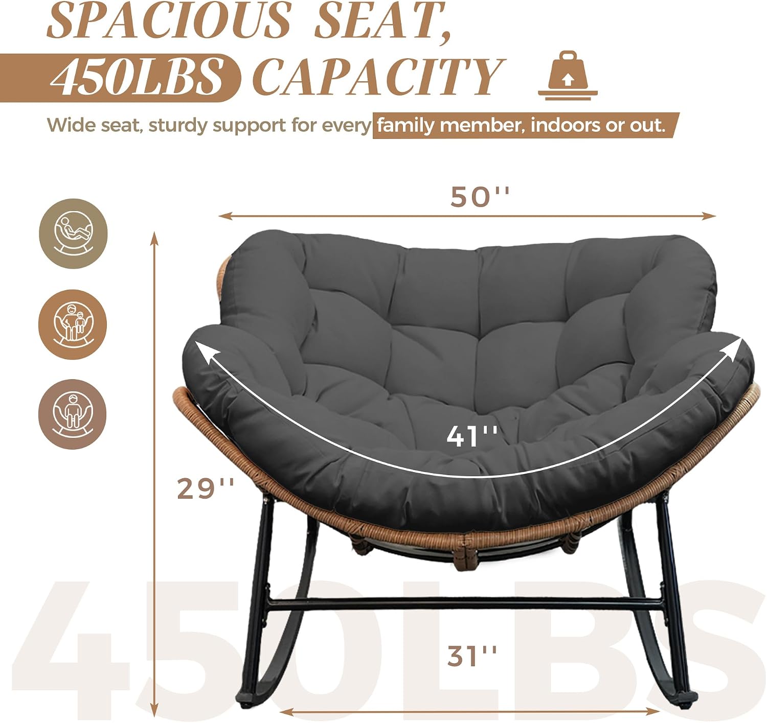 BULEXYARD Oversized Papasan Rocking Chair Outdoor with Cushion, PE Wicker Royal Rocking Egg Chair for Reading/Relaxing, 450 lbs Heavy Duty Sturdy Glider Recliner for Balcony, Porch, Livingroom Grey