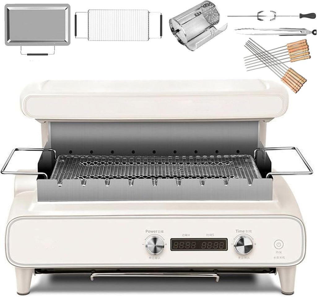 Electric Grill with Adjustable Temperature & Timer,Top Heating & 360° Rotation,Smoke-Free for Indoor BBQ Parties,White
