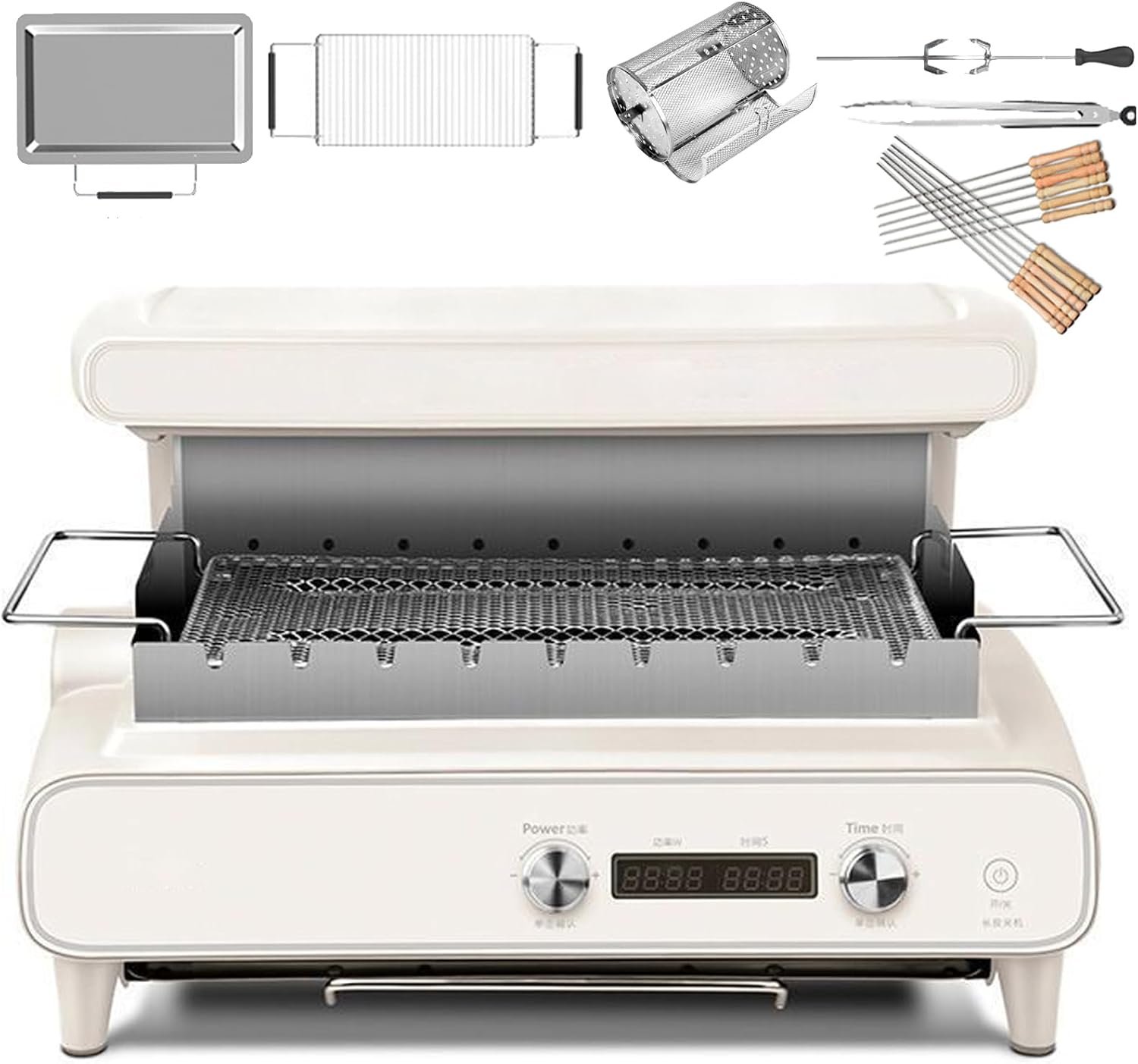 Electric Grill with Adjustable Temperature & Timer,Top Heating & 360° Rotation,Smoke-Free for Indoor BBQ Parties,White