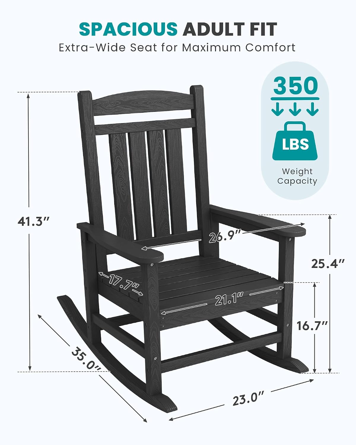 SERWALL Oversized HDPE Outdoor Rocking Chair Set of 4, Patio Rocking Chairs, All-Weather Porch Rockers for Adults, Black