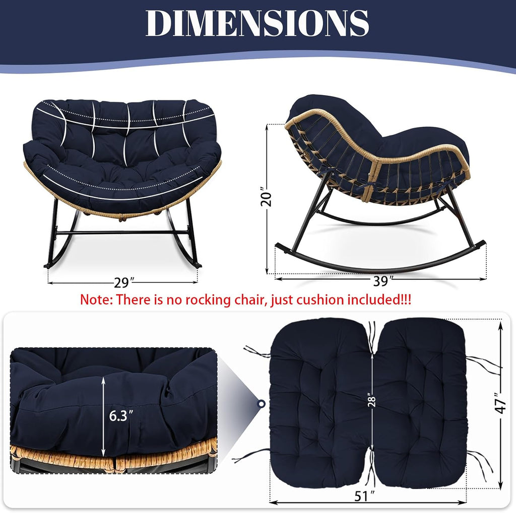Outdoor Rocking Chair Cushions Replacement, 6''Thick Waterproof & Fade Resistant Papasan Chair Cushion with 6 Straps,Tufted Egg Chair Cushion for Indoor & Outdoor (Navy Blue)