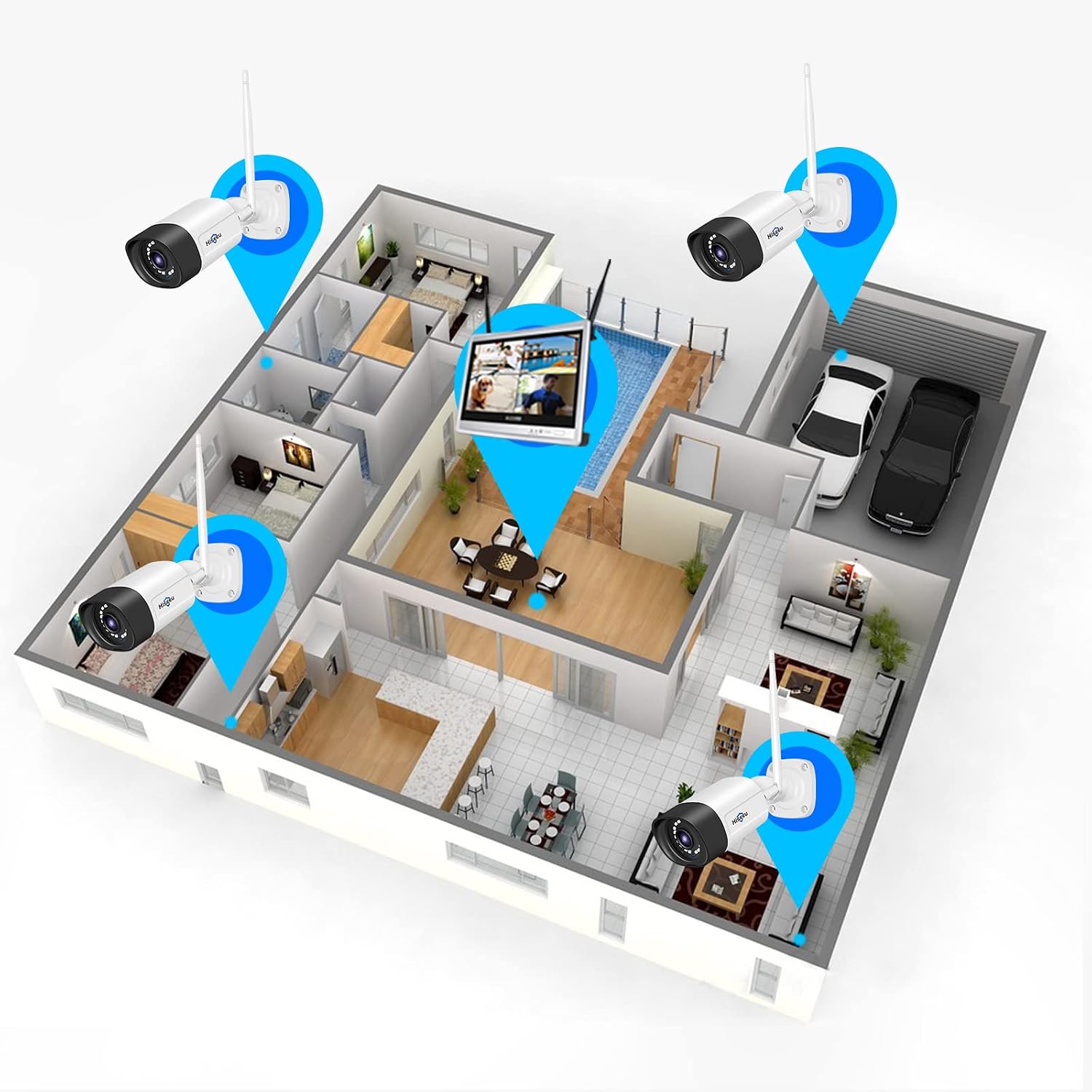 Hiseeu 5MP Wireless Security Camera System with 12' LCD Monitor, 3TB HDD, 10CH 8MP NVR, 2-Way Audio, Color Night Vision, Motion Detection, 24/7 Recording, Expandable Home CCTV Kit, Plug & Play