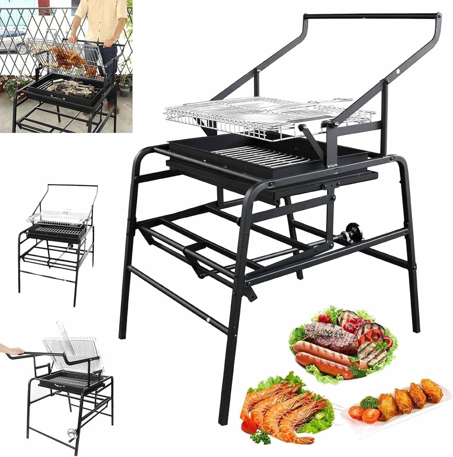 Outdoor Foldable Charcoal Grill,360° Rotating Stainless Steel Barbecue, Large Flipping Outdoor Grill,for Camping,Travel,and Entertainment
