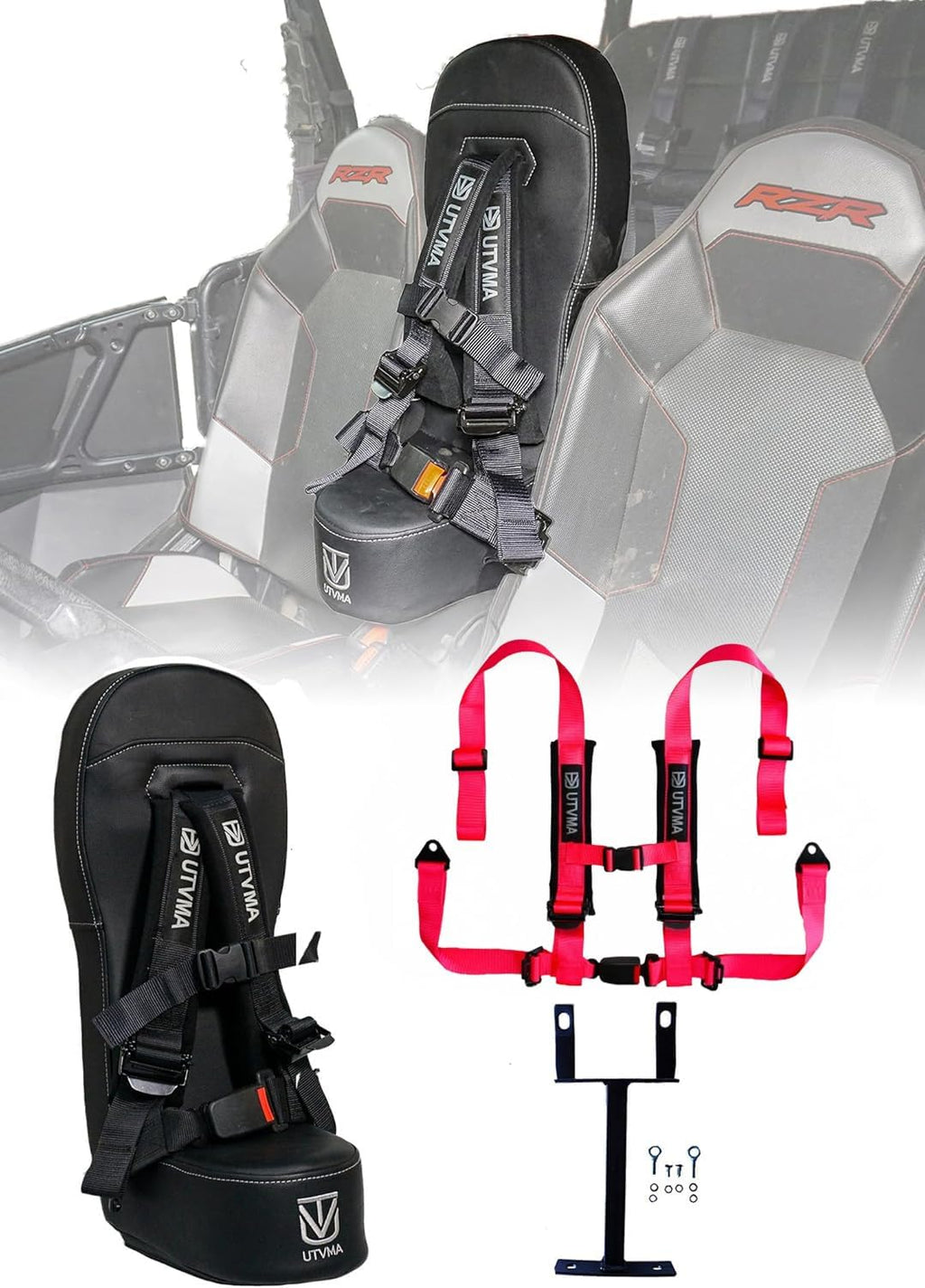 UTVMA RZR 1000 and 900 (2014-2023) Bump Seat with 4-Point Harness | Kids Seat | Jump Seat | All Models (XP, Turbo, Turbo S, High Lifter, Sport, Premium, Ultimate) (Seat with Pink Harness)