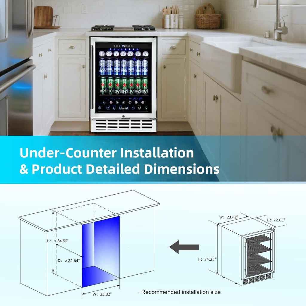 24 Inch Beverage Refrigerator, 180 Cans Built-in Beverage Cooler with Glass Door, Under Counter or Freestanding Drink Fridge with LED Light & Adjustable Shelves For Home Bar Office - Silver