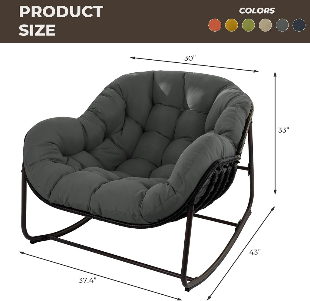 Papasan Rocking Chair Outdoor, Oversized Patio Rocking Chair with Cushions & Steel Frame, Wicker Egg Lounge Chair Indoor, Comfy Reading Chair for Patio, Deck, Porch (Grey, Style 1)