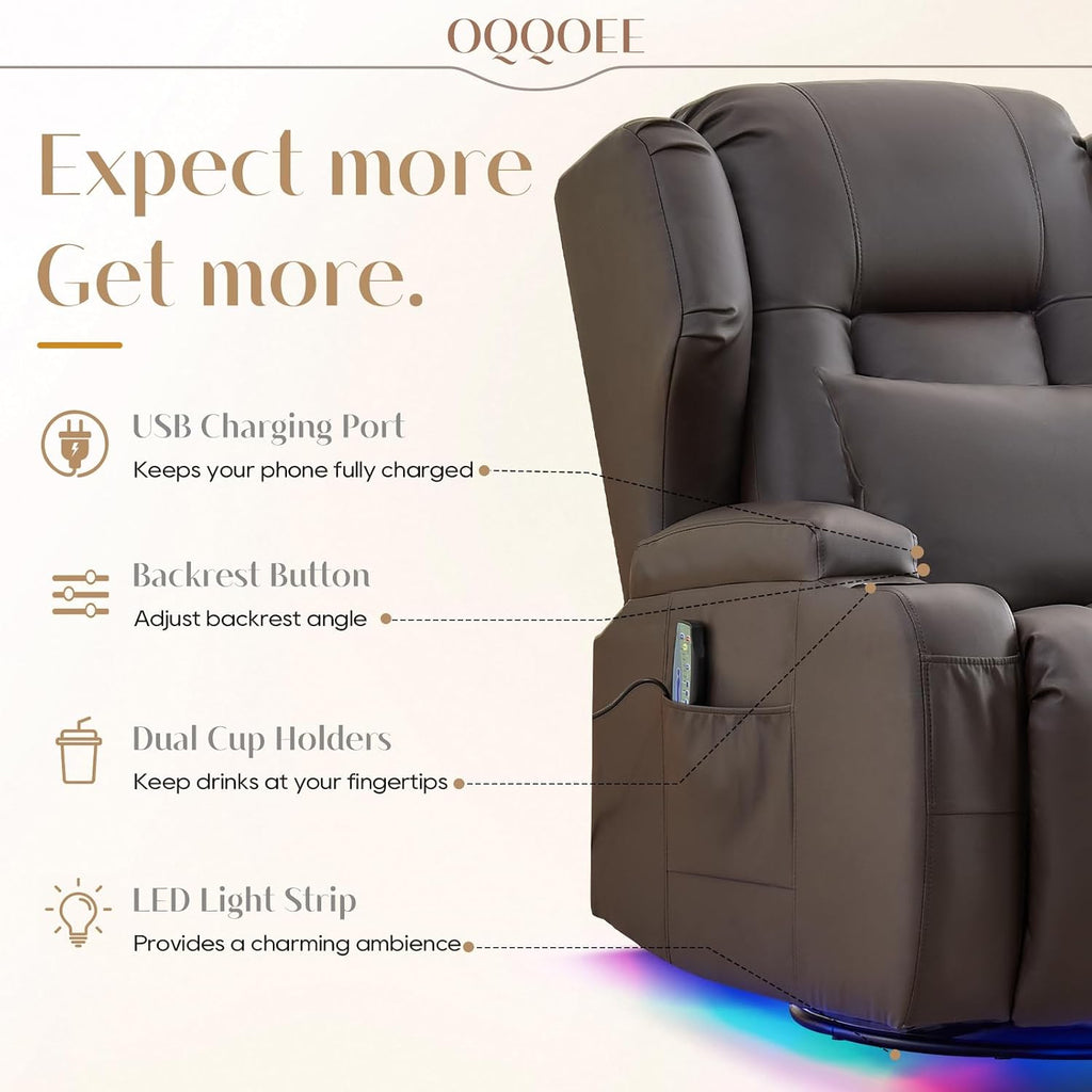Power Swivel Rocker Recliner Chair with Massage & Heat, Dual Motor Electric Glider Rocking Recliner with USB Ports, Cup Holders & LED Light for Living Room, Home Theater (Brown PU)