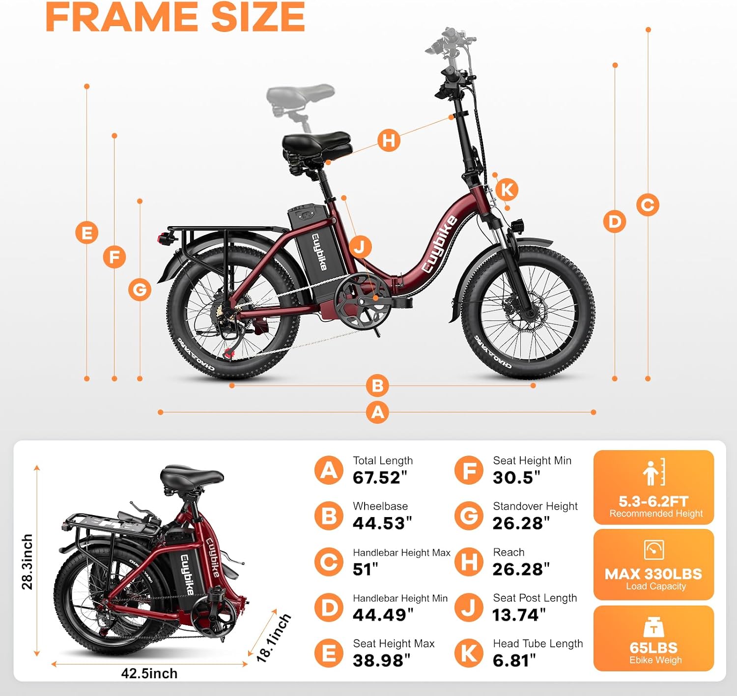Auloor Foldable Electric Bike for Adults, Peak 1000W Brushless Motor 70Miles City Commuter Ebike, 48V 20AH Lithium Battery, 20' Fat Tire 7-Speed E-Bicycle with Front Suspension Colourful LCD Display