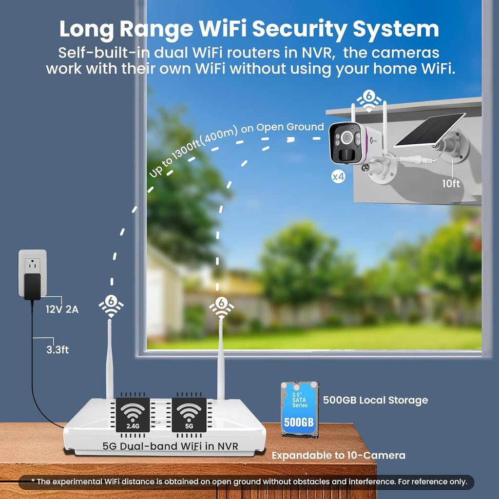xmartO Wireless Solar Security Camera System, 10CH 4K Expandable WiFi6 NVR+4*4MP 2K Outdoor Cams, All Weather Solar, 2-Way Audio, IR&Color NV, Long Range WiFi Mesh, Free 2-Years Video,No Monthly Fees