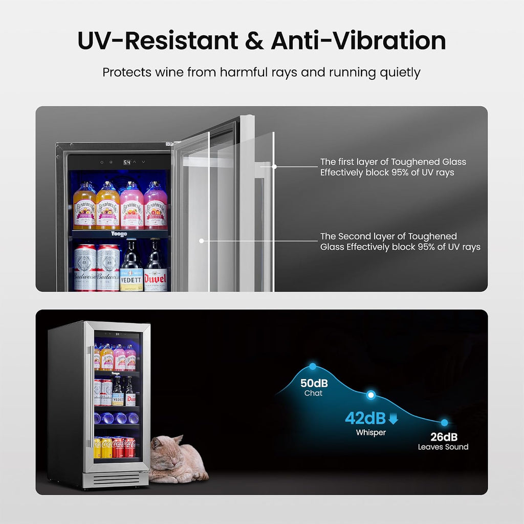 Yeego Beverage Refrigerator - 14 inch 70 Cans Mini Fridge with Glass Door, 34-54 ℉ Drink Cooler, Built-in or Freestanding for Wine Beer Soda Bar Office Home Dorm