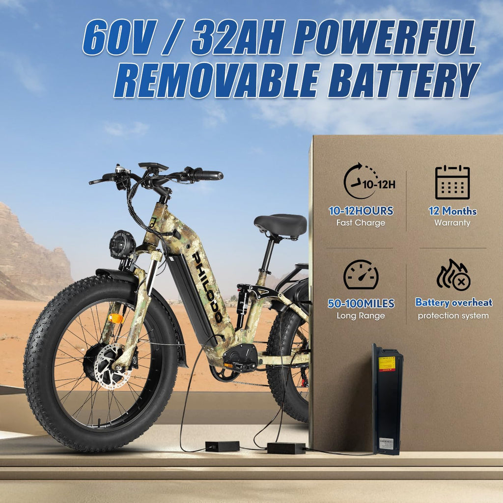 Falcon 60V 32AH Off-Road Electric Bike - 5000W Dual Motor Hunting Ebike, Fat Tire Full Suspension Dirt Bike for Adults, Long Range Snow/Sand Electric Bicycle