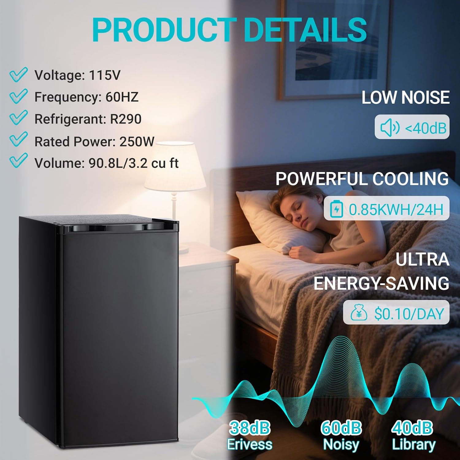 Erivess 3.2 Cu.Ft Mini Fridge with Freezer, Single Door Small Refrigerator with 7 Adjustable Thermostat, Energy Saving, Low Noise, Dorm Fridge for Office, Bedroom, Apartment