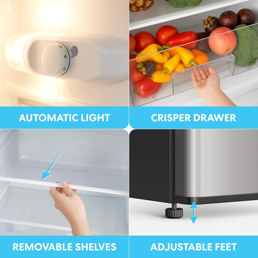 Simpli-Magic 4.0 Cu.Ft. Mini Fridge with Freezer – Compact Double Door Refrigerator for Dorm, Office, Bedroom – Adjustable Thermostat, Energy Efficient, Stainless Steel