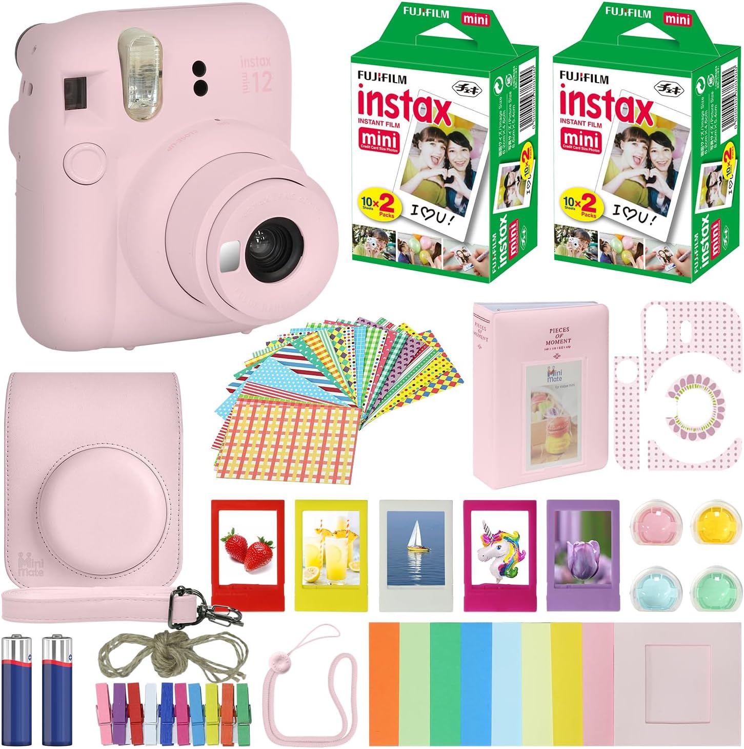 Fujifilm Instax Mini 12 Instant Camera Blossom Pink + Carrying Case + Fuji Instax Film Value Pack (40 Sheets) Accessories Bundle, Color Filters, Photo Album, Assorted Frames