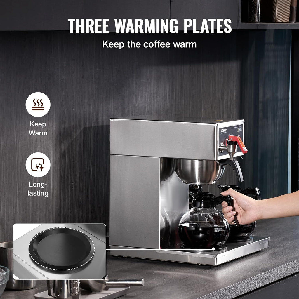 VEVOR 12 Cups Commercial Drip Coffee Maker, Coffee Maker Machine with 3 Glass Carafes and 3 Warmer Plates, Stainless Steel Pour Over Coffee Brewer with Auto Water Intake, for Restaurant Office Cafe