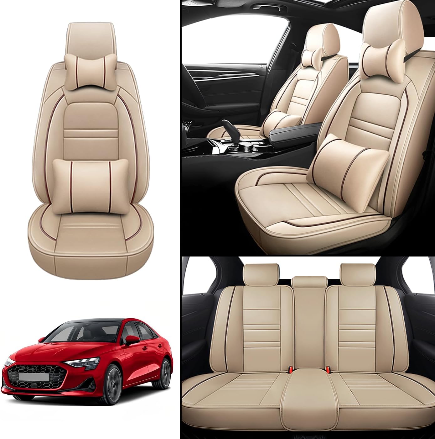 Car Seat Covers for Audi A3 2006-2025 | 5-Seats Seat Covers, Waterproof Seat Protectors, Automotive Seat Covers (Full Set with Pillow,Beige)