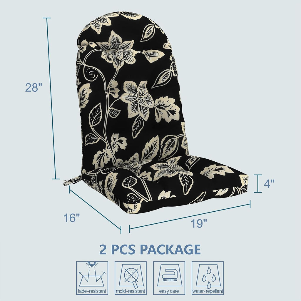 LVTXIII 2 Pack Outdoor Adirondack Chair Cushions, 44x19x4 Inch Water Repellent Patio Cushions for Rocking Chairs, Thick Tufted High Back Seat Cushion Set, Elegant Vines Black