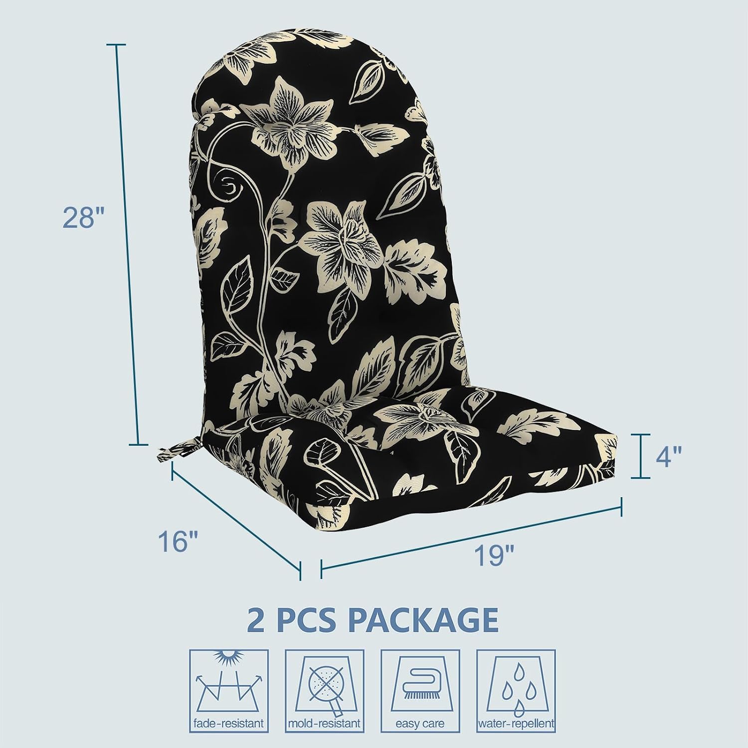 LVTXIII 2 Pack Outdoor Adirondack Chair Cushions, 44x19x4 Inch Water Repellent Patio Cushions for Rocking Chairs, Thick Tufted High Back Seat Cushion Set, Elegant Vines Black