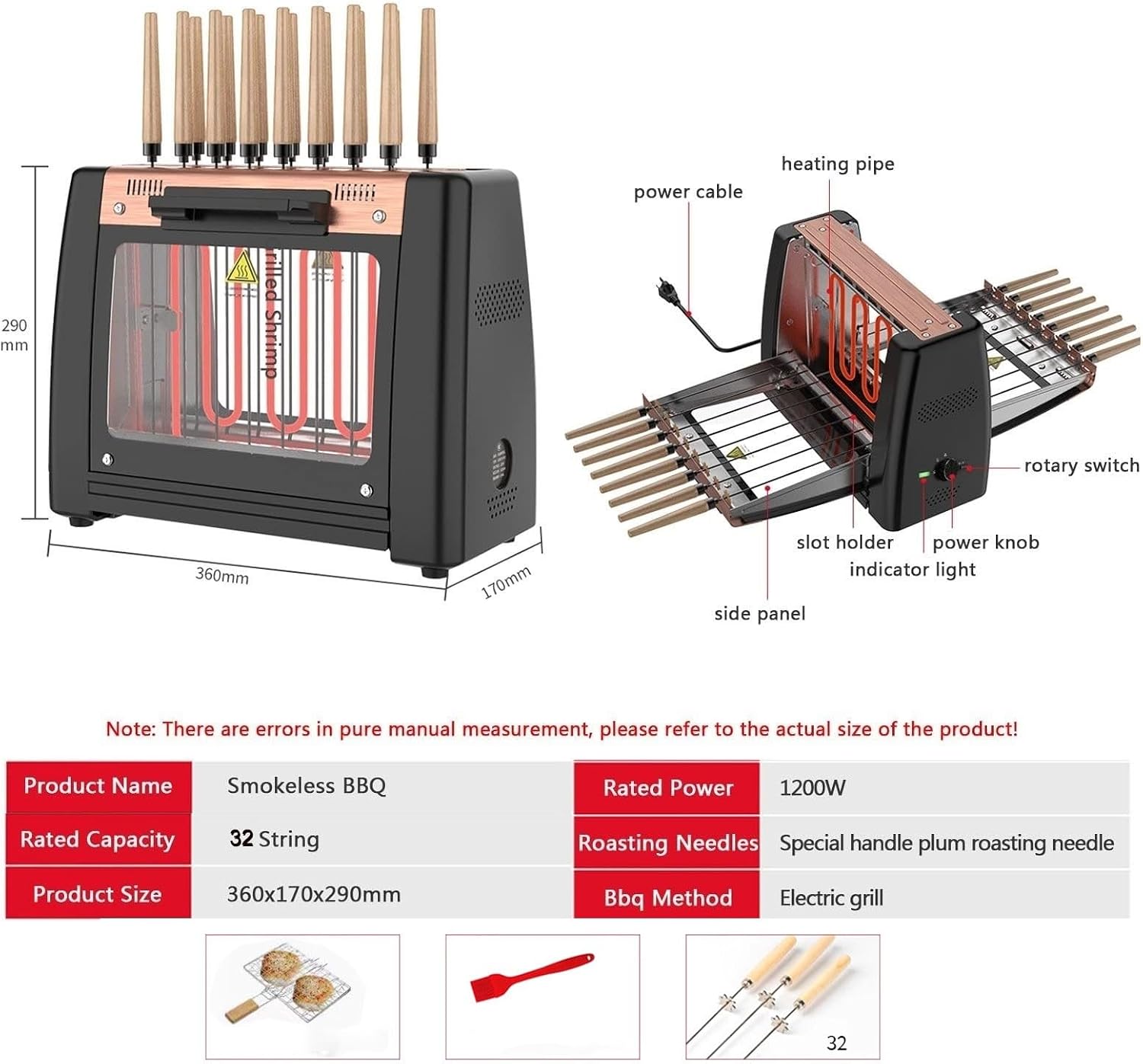 Vertical Electric BBQ Grill, Auto 360° Rotating Skewer, 1200W Rotisserie Smokeless Barbecue Kebab Oven Grill Temperature Control with 32 Strings, for Kitchen Party Restaurant