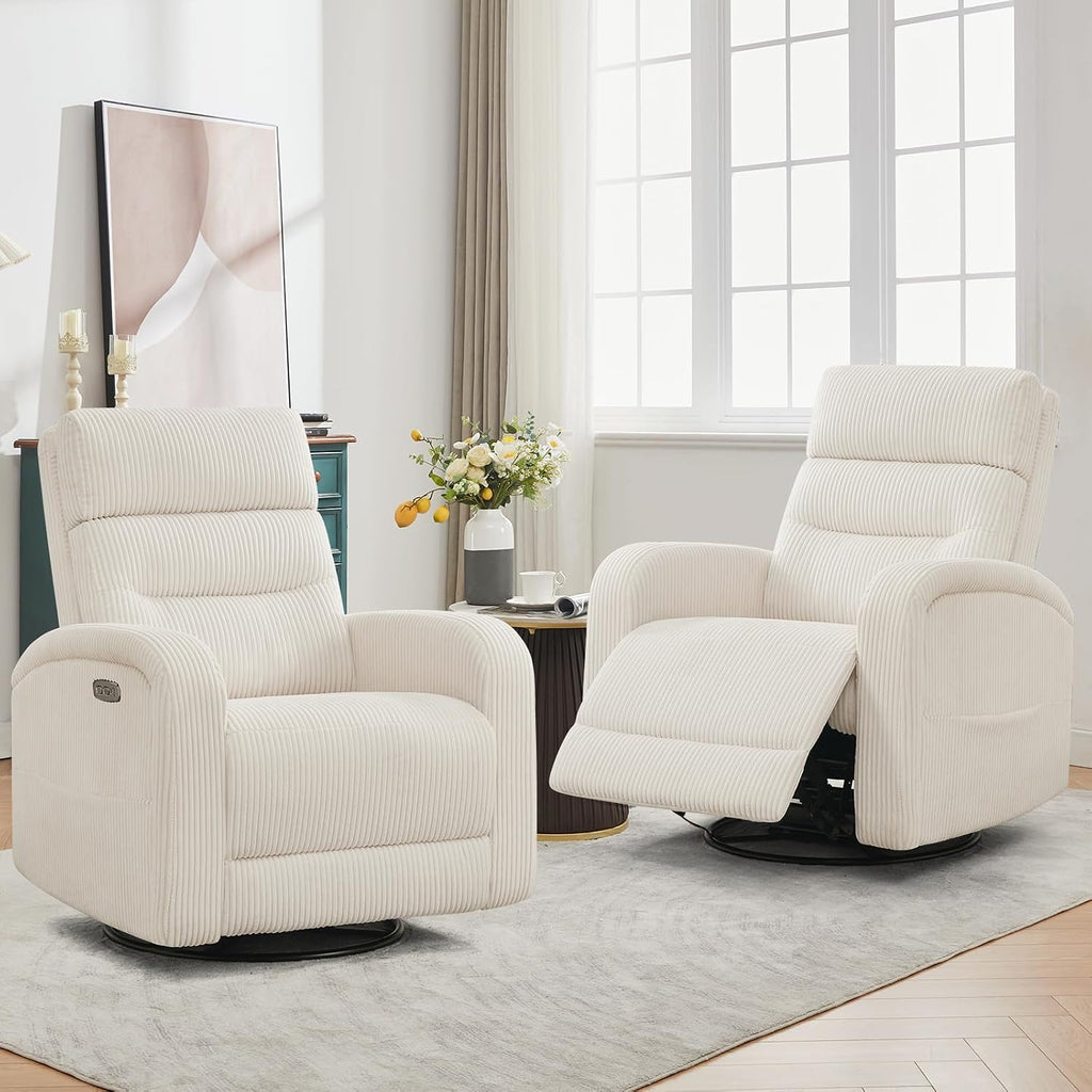 Power Swivel Rocker Recliner Chair for Nursery, Swivel Reclining Rocking Chairs, Electric Glider for Living Room, Upholstered Recliner Chairs for Bedroom, Corduroy White