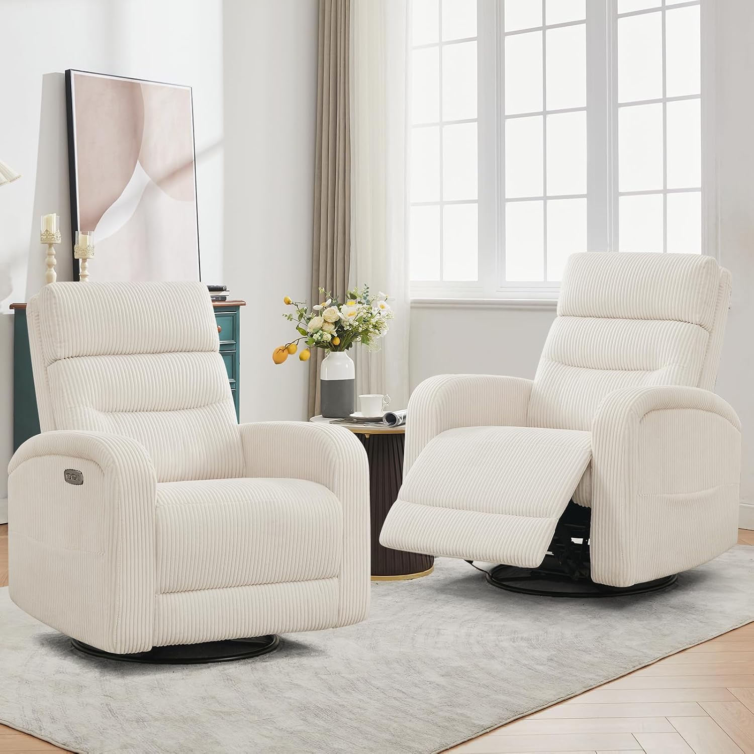 Power Swivel Rocker Recliner Chair for Nursery, Swivel Reclining Rocking Chairs, Electric Glider for Living Room, Upholstered Recliner Chairs for Bedroom, Corduroy White