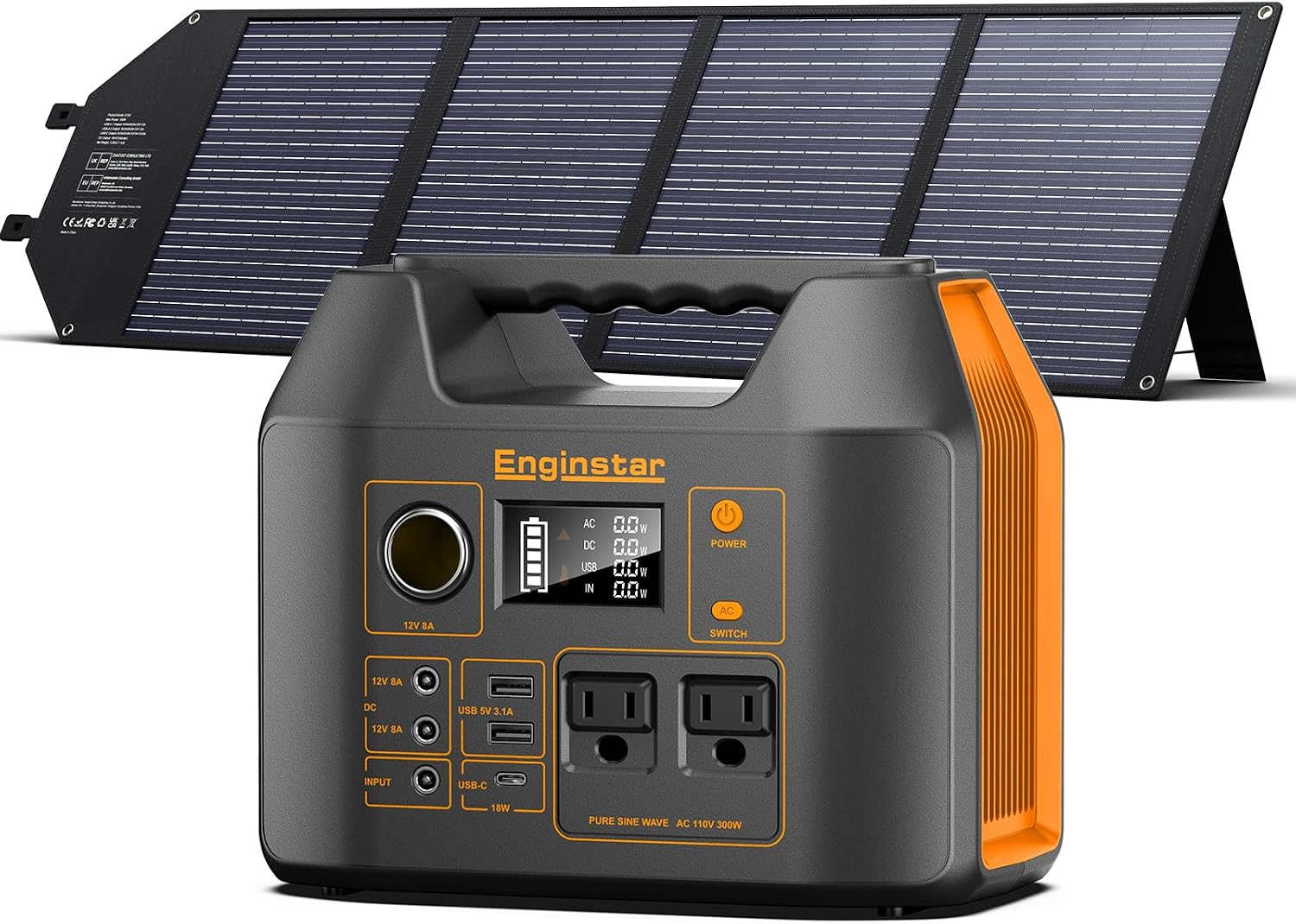 EnginStar Portable Power Station, 300W 296Wh Battery Bank with 110V Pure Sine Wave AC Outlet,100W Foldable Solar Panel Charger with 18V DC Outlet for Portable Power Stations