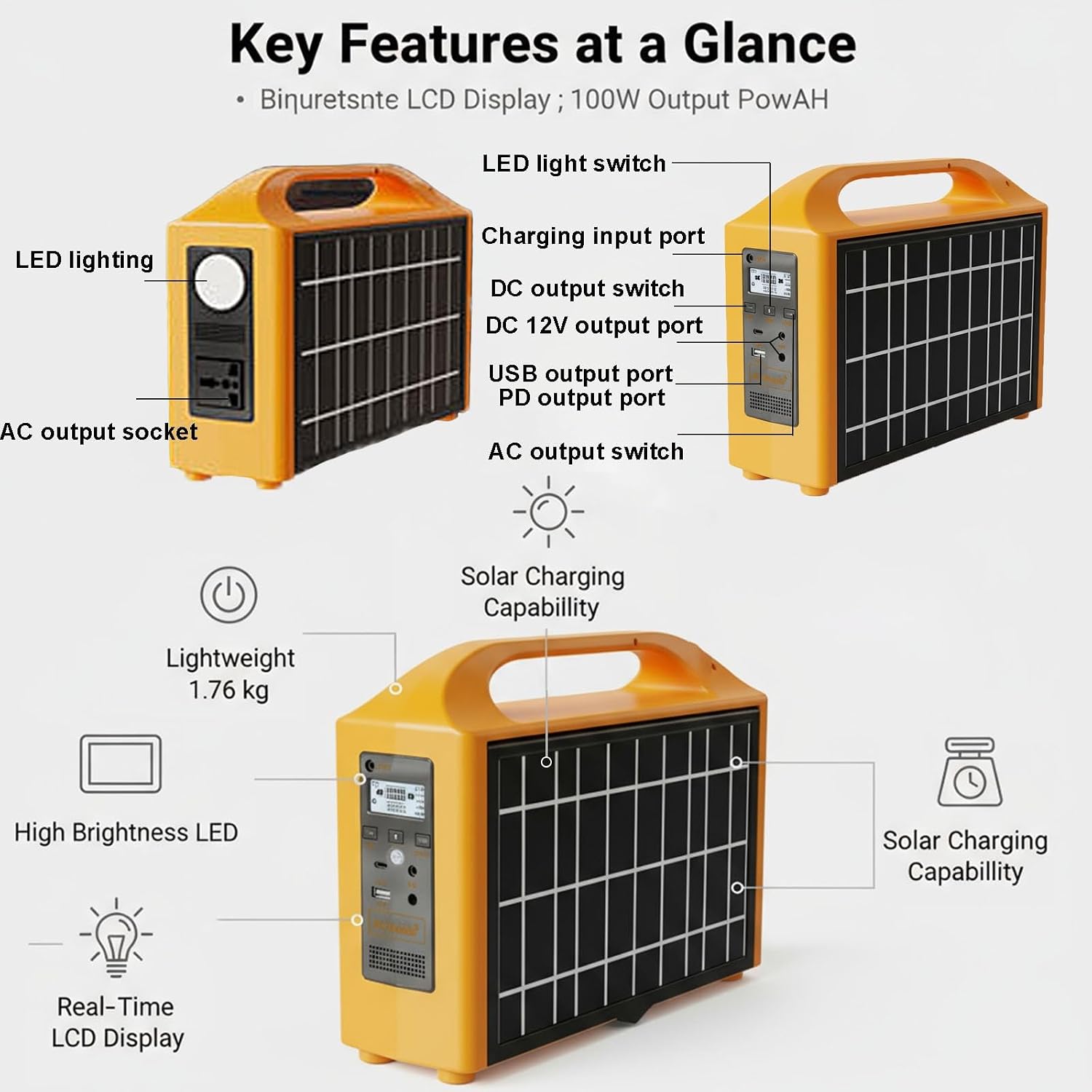 Portable Solar Generator Foldable Panel, 100W Solar Power Bank AC Outlet LED Lighting LCD Display Camping RV Travel Outdoor Backup Energy