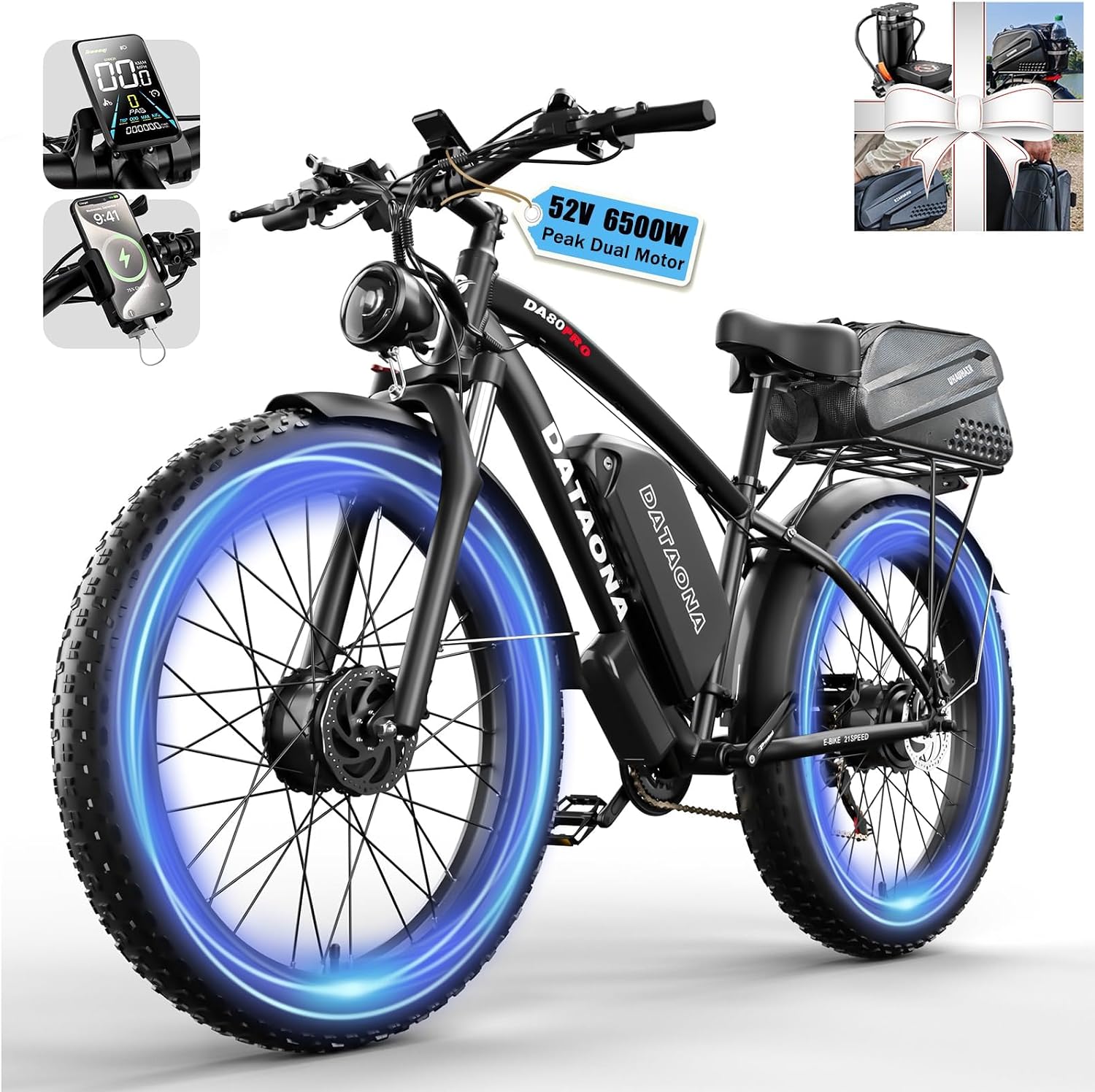 DATAONA 6500W Dual Motor Ebike for Adults Men 20MPH - Fast Electric Bike with 52V 32Ah Battery Up to 100 Miles, Lockable Suspension 24' Fat Tire Electric Bicycle for Off-Road Mountain Snow Commuter UL