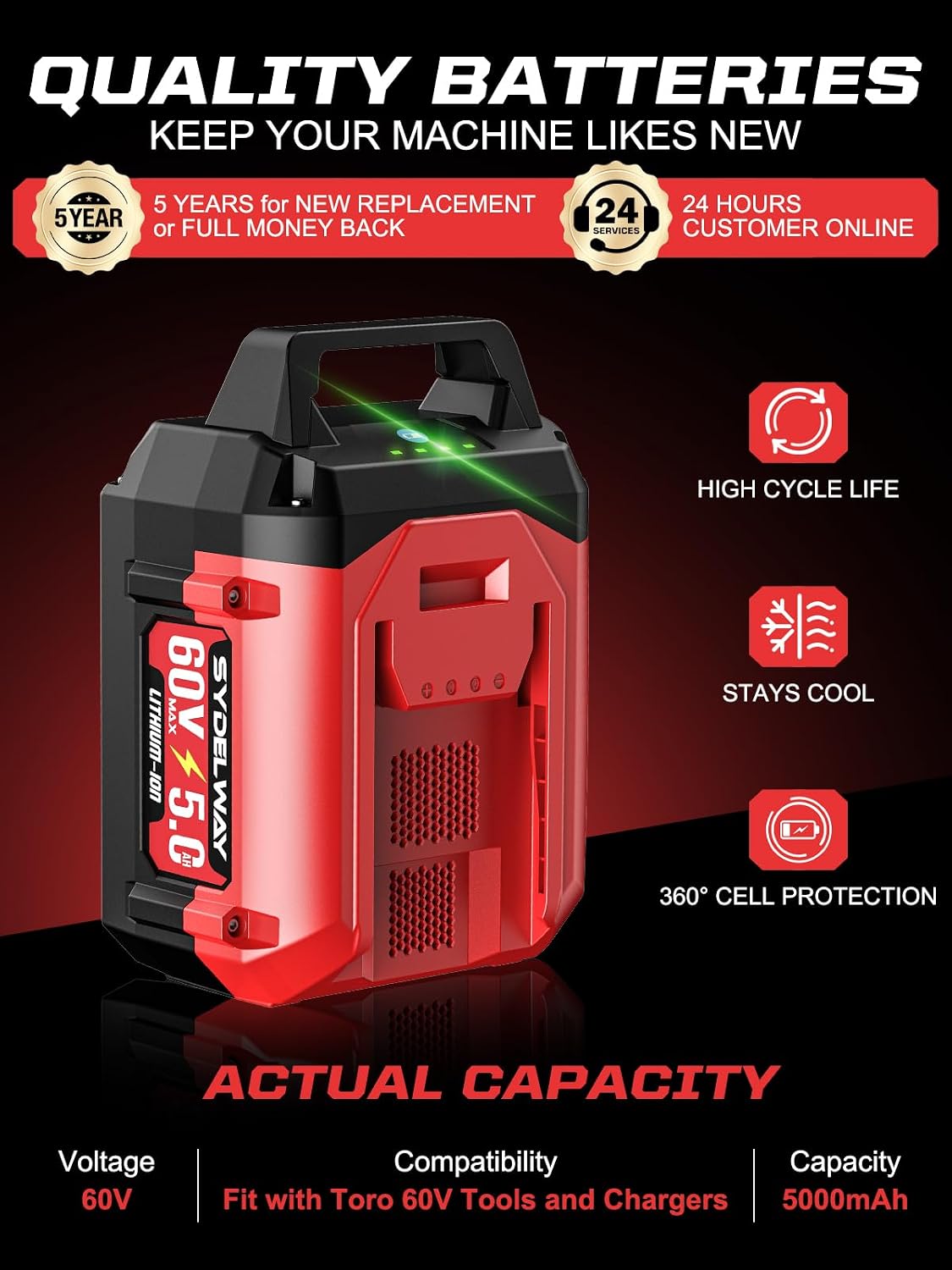 5.0Ah Replacement for Toro 60V Battery 88620 88675 L108 L324 L135, Compatible with Toro Flex Force 60 Volt Power System Tools & Chargers 88602 88605 88610, with 4 LED On Board Power Meter