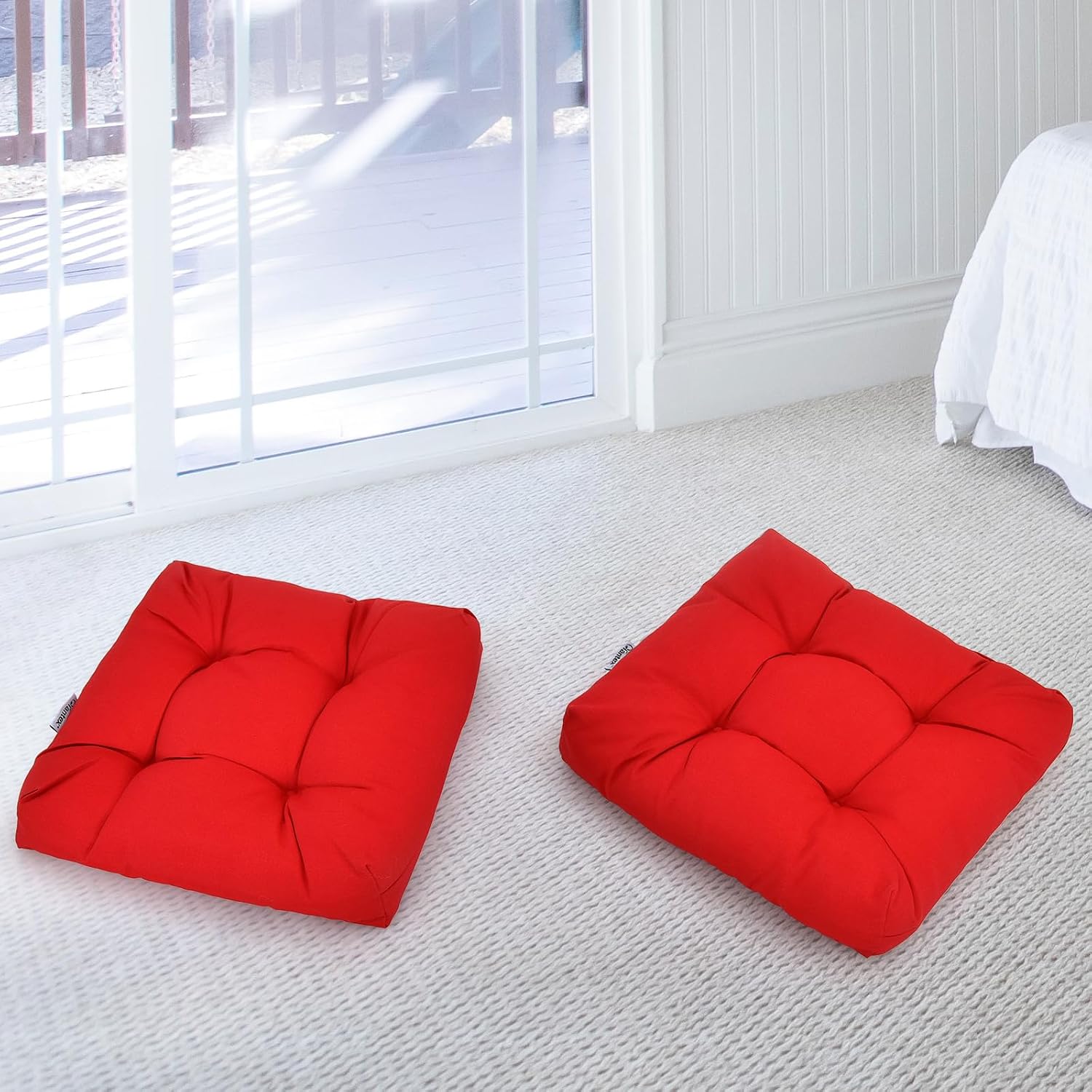 Giantex Set of 4 Tufted Patio Cushions, 4' Outdoor Seat Cushions, Waterproof & High Elasticity for Comfortable Sitting Experience, Square Chair Cushions for Indoor Outdoor Use, Red