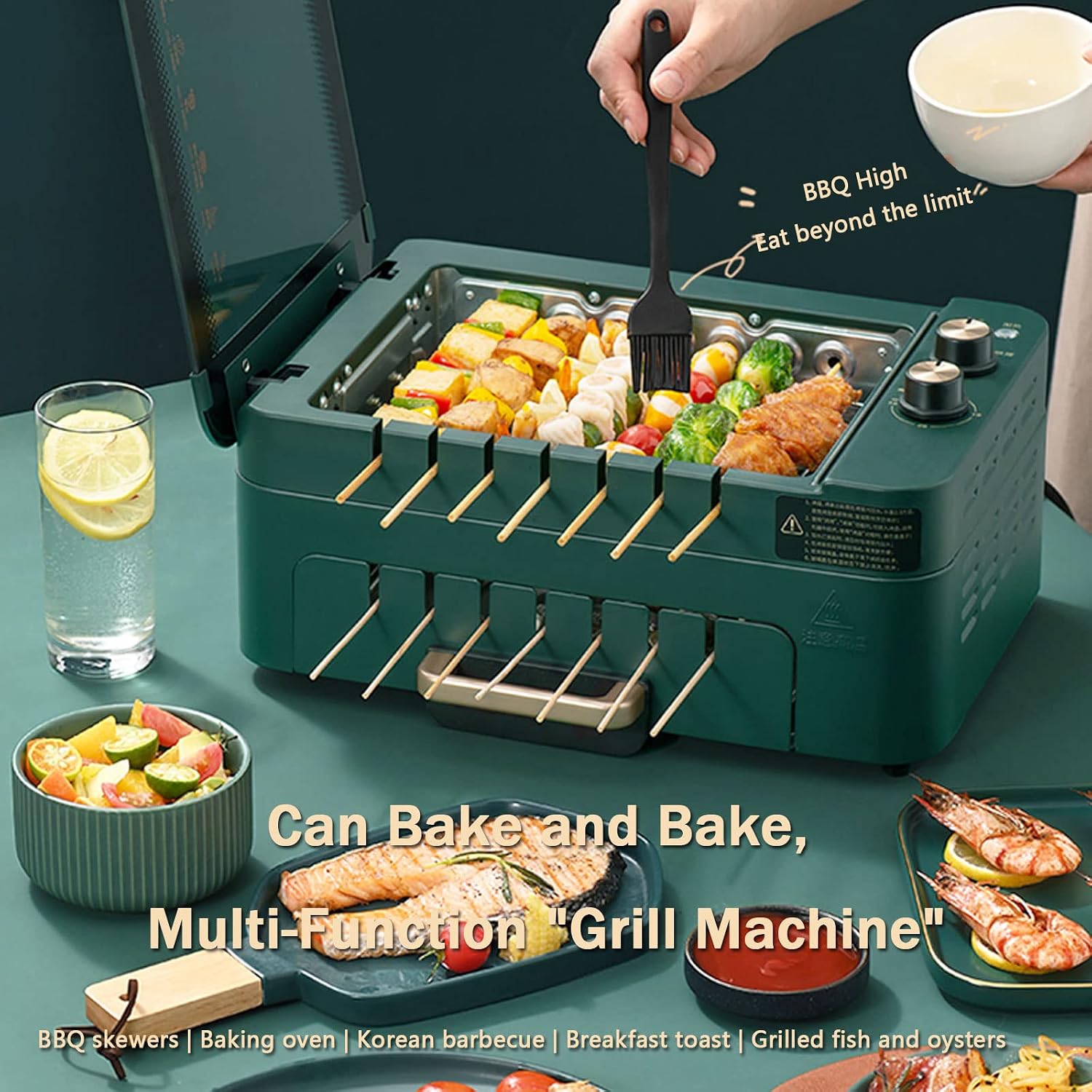 Electric Smokeless Portable BBQ Barbecue Grill Indoor Cooking Grill with Water Filled Drip Tray & Adjustable Temperature Control, Double Layer, Safe BBQ Griddle for Indoor, 3-6 Persons, 1000W