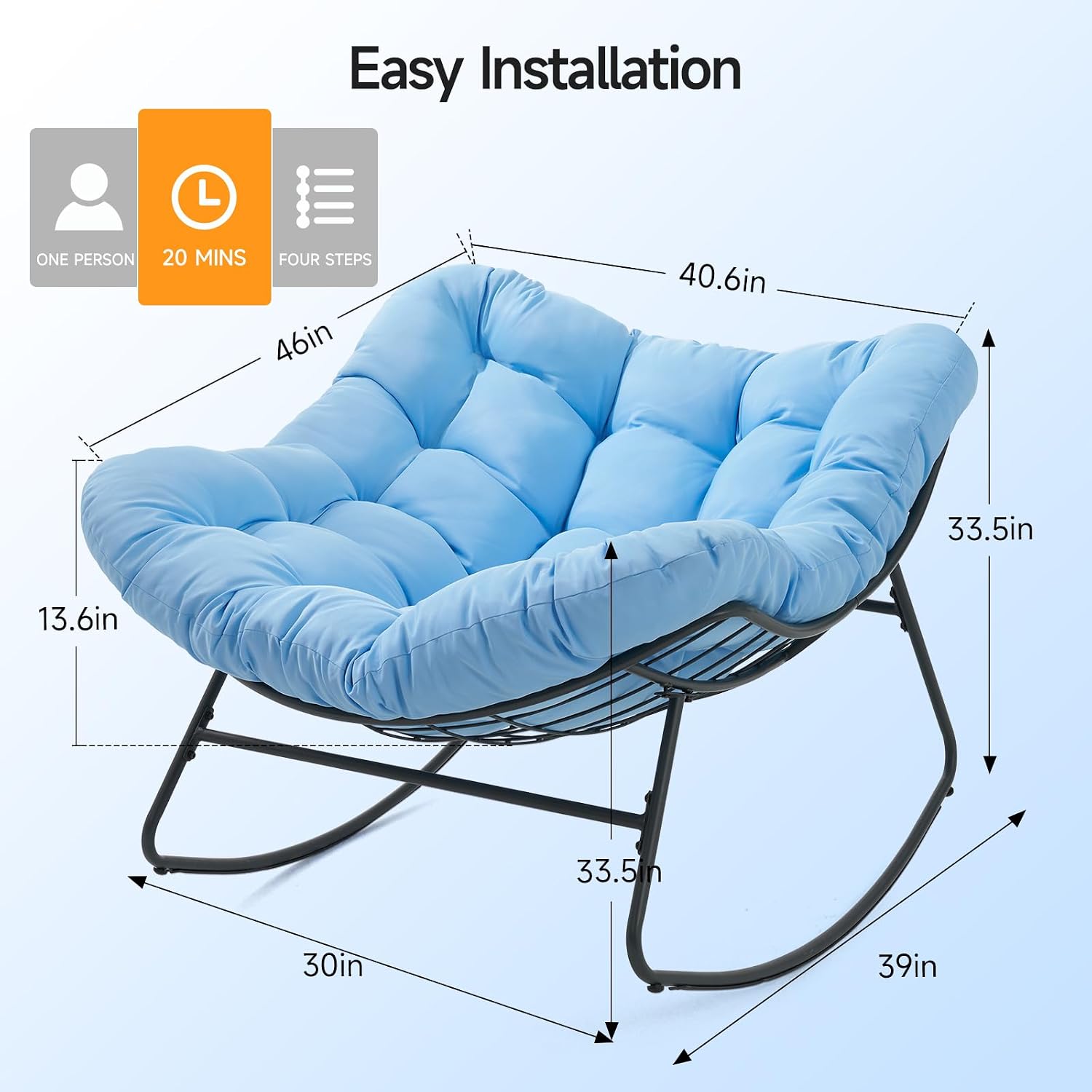 ONBRILL Outdoor Papasan Rocking Chair, 450 lbs Oversized Comfy Patio Chair with Thickened Cushion, Indoor Egg Rocking Lounge Chairs, Rocker Chairs for Patio Porch Garden Living Room Bedroom, Blue