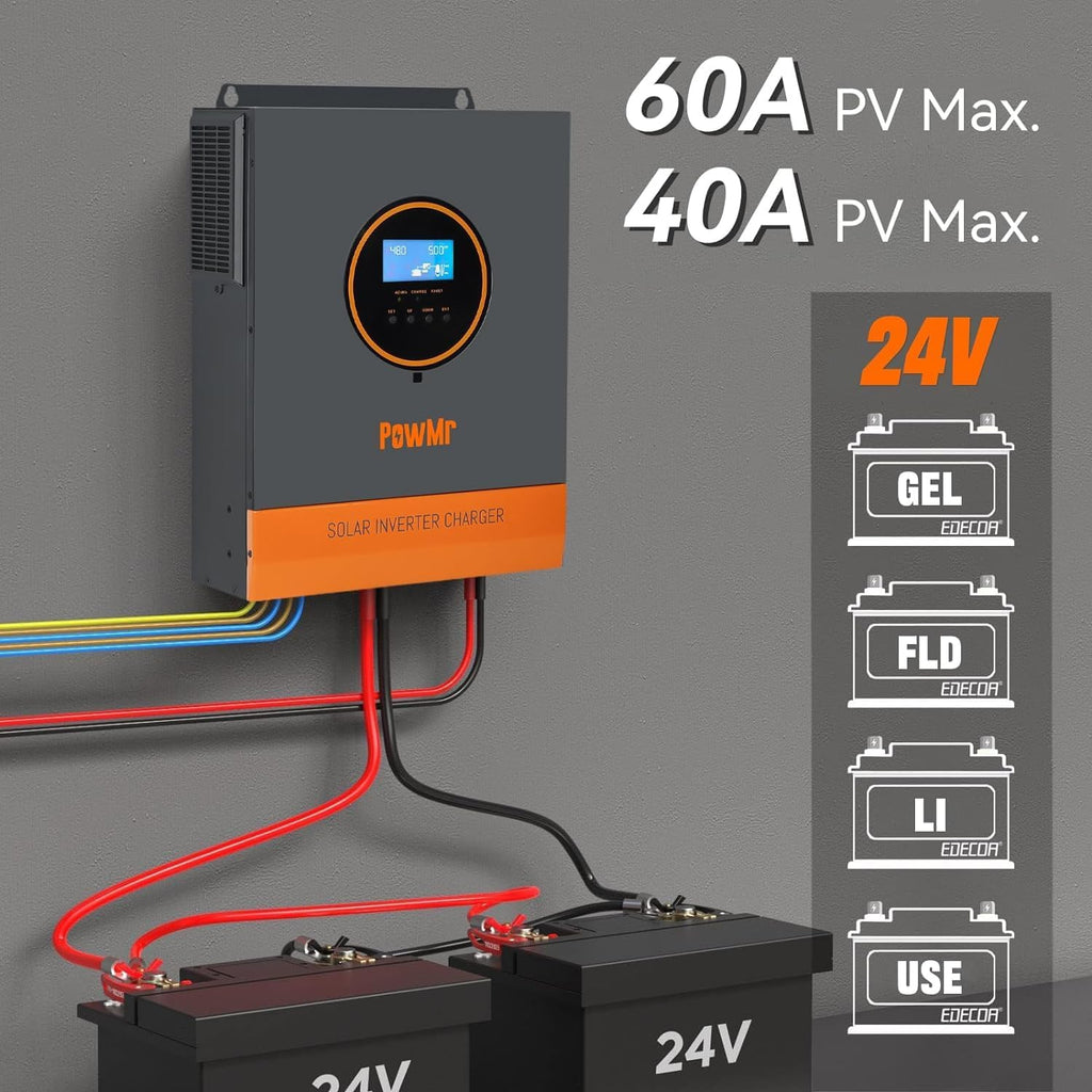 PowMr Solar Inverter 3200W 24VDC to 110VAC, 3.2KW Pure Sine Wave Inverter Bulit-in 60A MPPT Controller and with 40A AC Charger, Max.PV Input 1600W 108V, fit for Lead-Acid and Lithium Battery