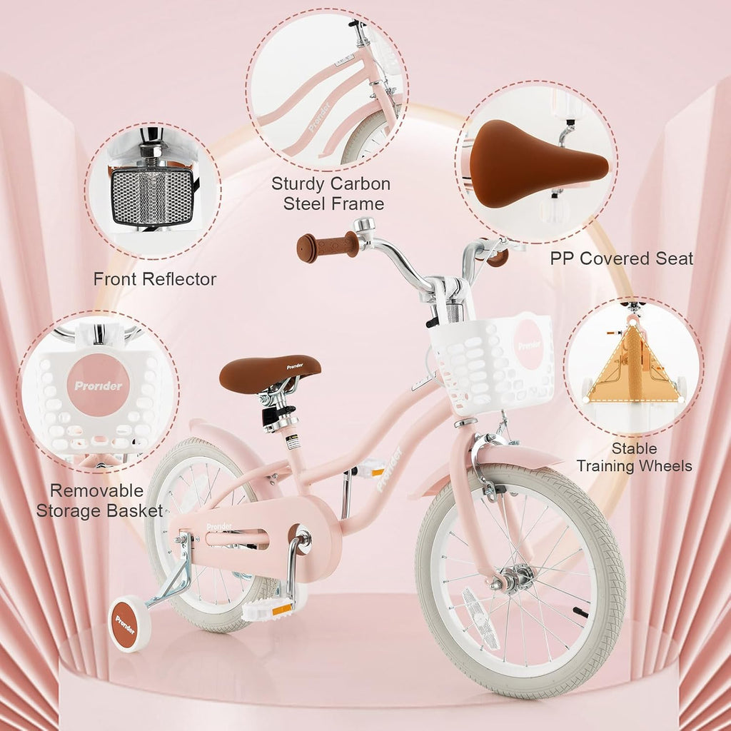 BABY JOY Kids Bike, 12 14 16 18 20 Inch Boys Girls Bike w/Adjustable Seat, Removable Basket, Handbrake & Coaster Brake, Training Wheels or Kickstand, Kids Bicycle with Multi-Color