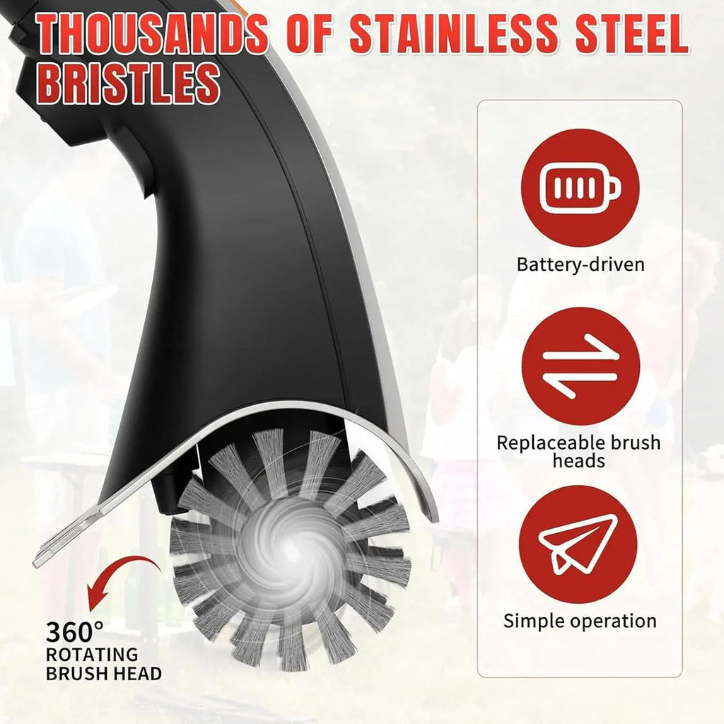Electric Grill Brush, Stainless Steel Rechargeable Barbecue Cleaning Brush, with 2 Brush Heads, Built-in 100ML Water Tank, 360° Rotating, for Outdoor Grilling Scenes,BatteryModel