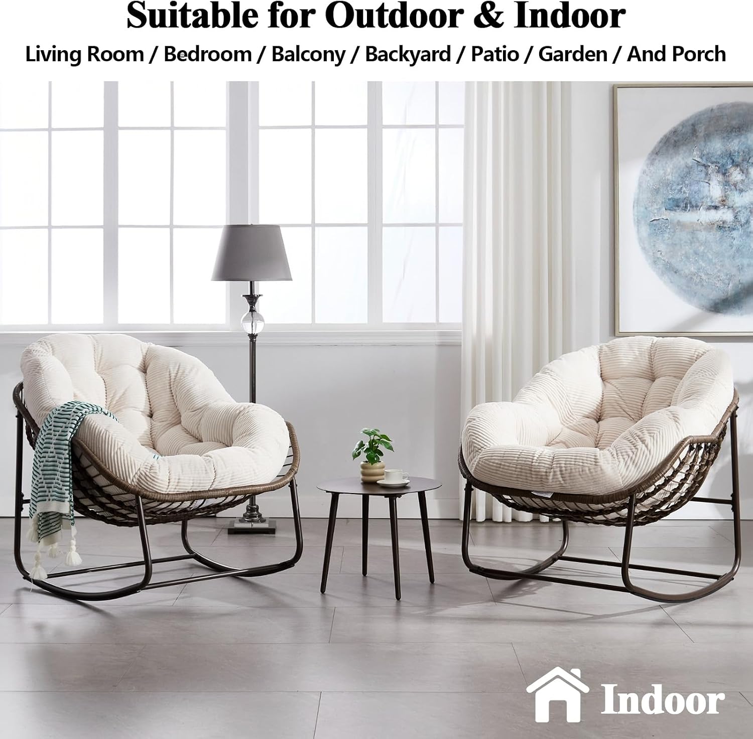 37' Papasan Rocking Chair with Cushion and Steel Frame, Oversized Outdoor Egg Rocking Chair, Rattan Circle Chairs for Grand Patio and Garden (White)