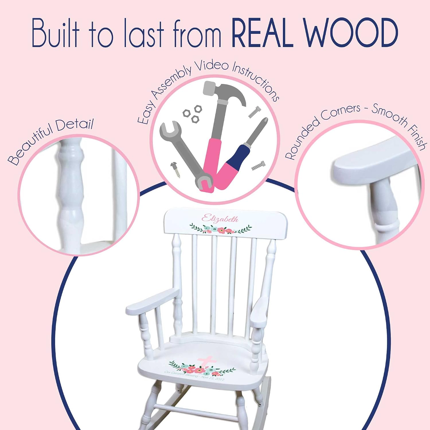 My Bambino Girl's Personalized White Wood Rocking Chair Toddler Baby Gift (Pink Princess Castle)