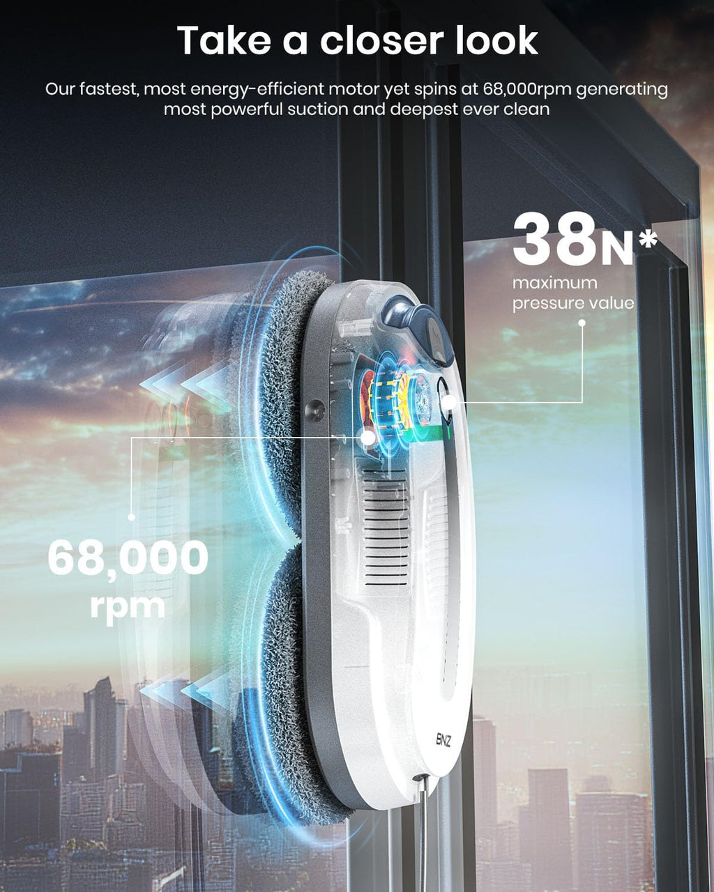 BNZ Smart Window Cleaning Robot, Twin Turbo & Dual Auto-Spray Window Cleaner with Multiple Safety System, AI Path Planning, Frameless Edge Detection, K1 (White)