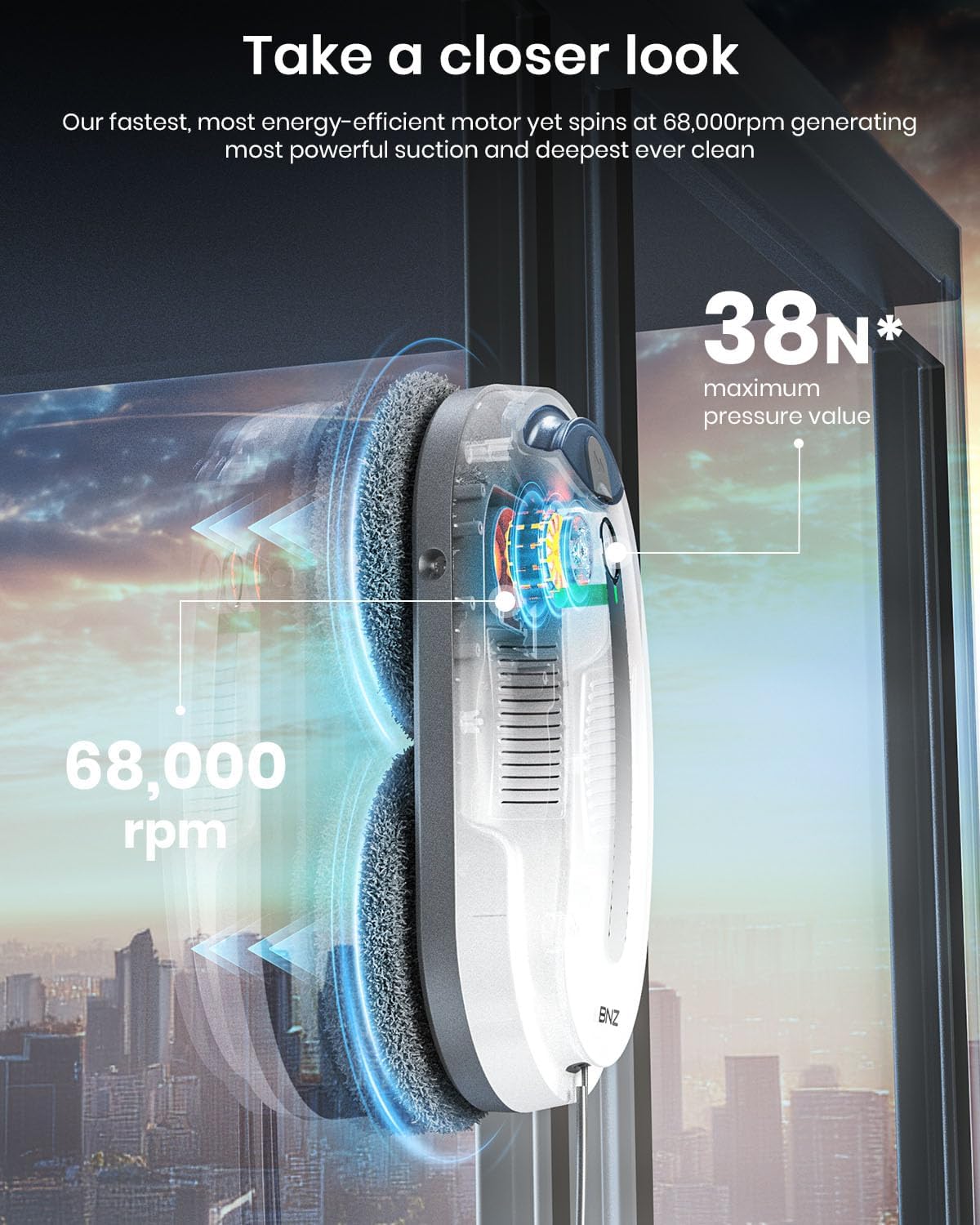 BNZ Smart Window Cleaning Robot, Twin Turbo & Dual Auto-Spray Window Cleaner with Multiple Safety System, AI Path Planning, Frameless Edge Detection, K1 (White)