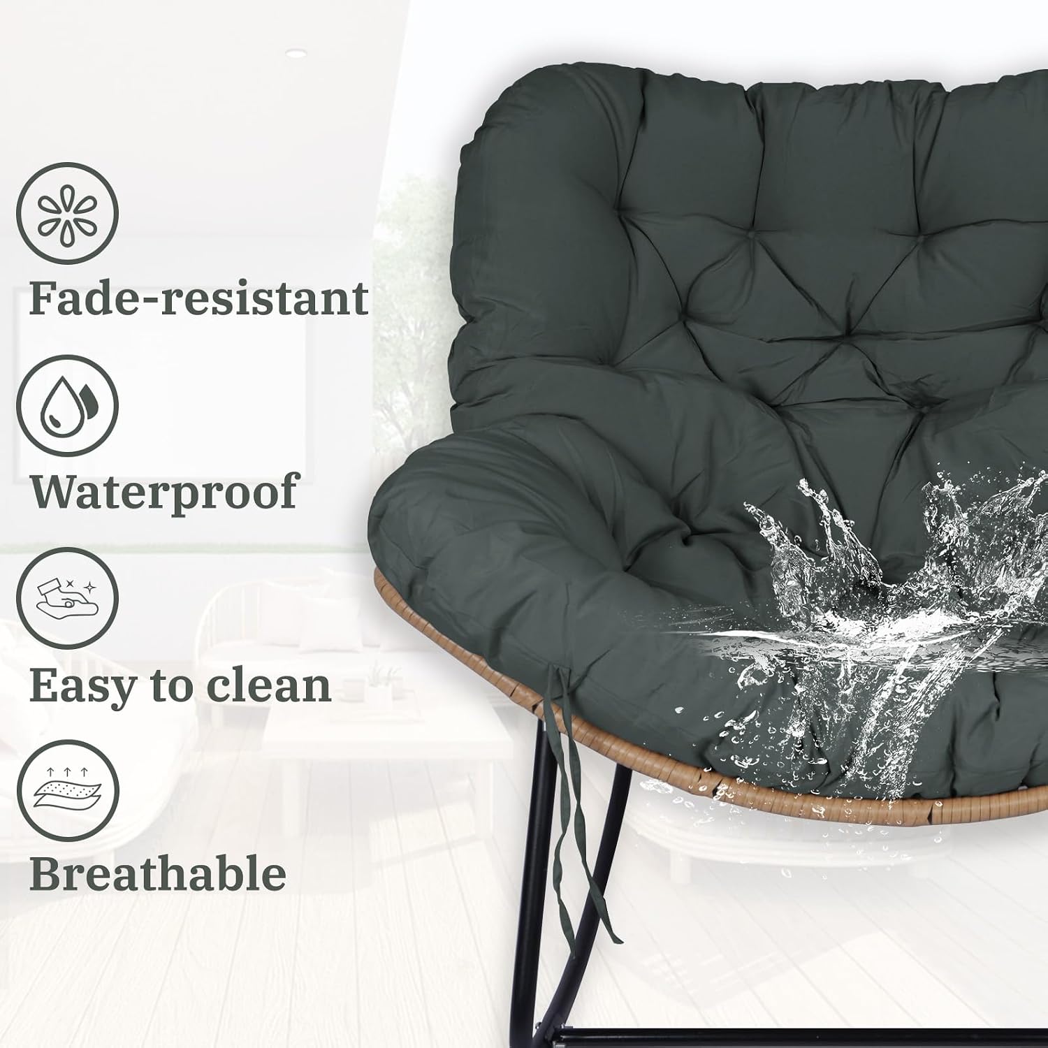 Outdoor Rocking Chair Cushions 6.3' Thick, Only Cushion, Waterproof, Fade-Resistant, Patio Egg Lounge Chair Cushion with 6 Straps, Indoor Papasan Chair Cushion (Dark Gray)