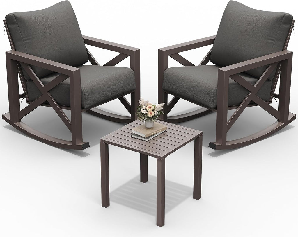 UDPATIO Outdoor Rocking Chair Set of 2 with Coffee Table, 3 Piece Metal Patio Furniture Set with 6.5' Water-Resistant Cushions, Oversized, 350lbs Heavy-Duty, for Porch, Patio, Balcony, Dark Grey
